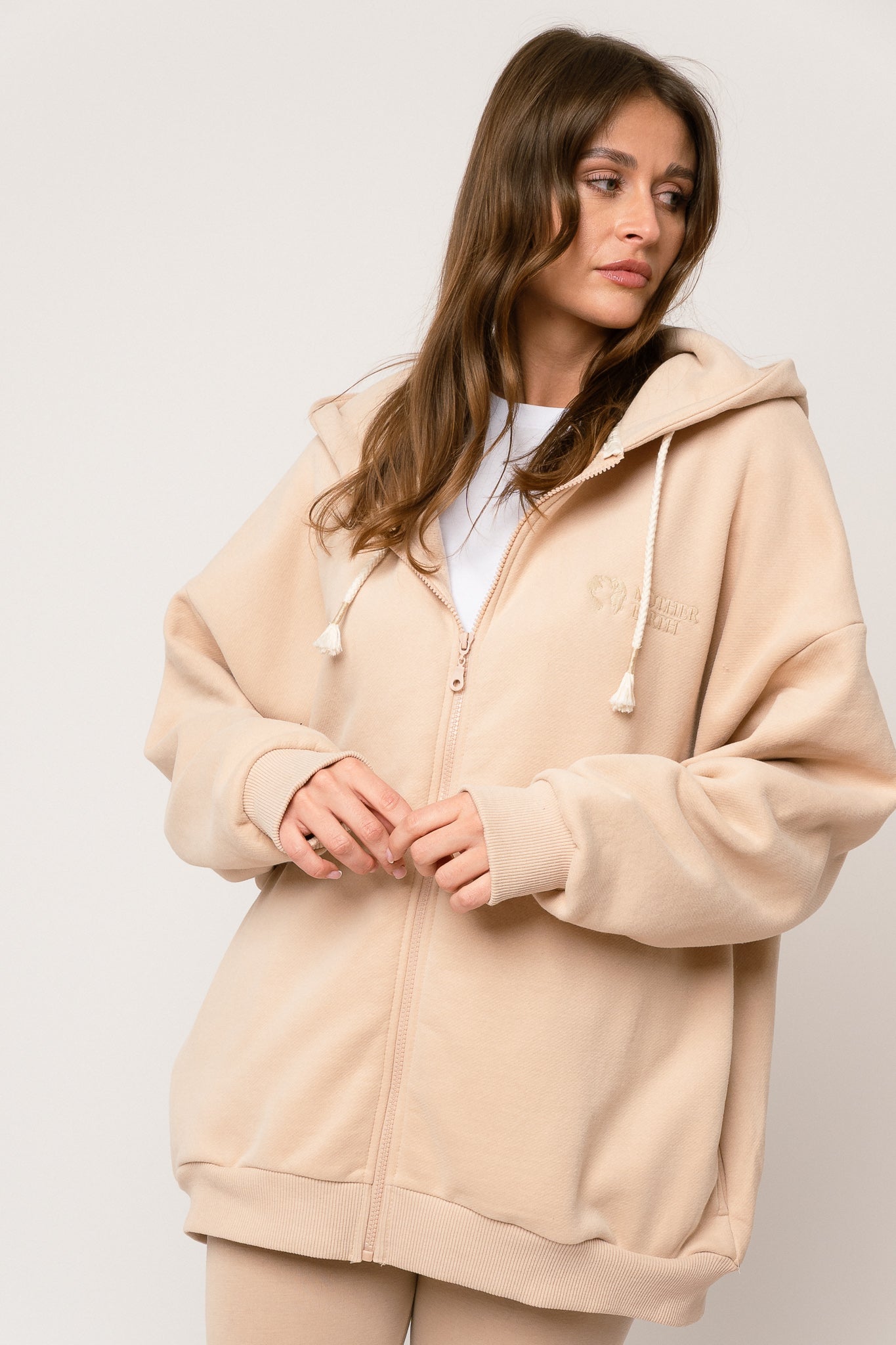 BLUZA Z KAPTUREM ROZPINANA BEŻOWA - NIKO