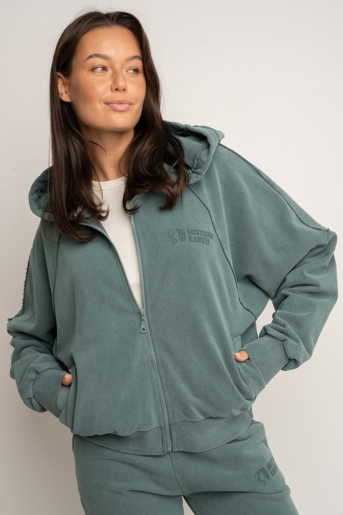 WASHED-EFFECT ZIP-UP HOODIE GREEN - NARVIK