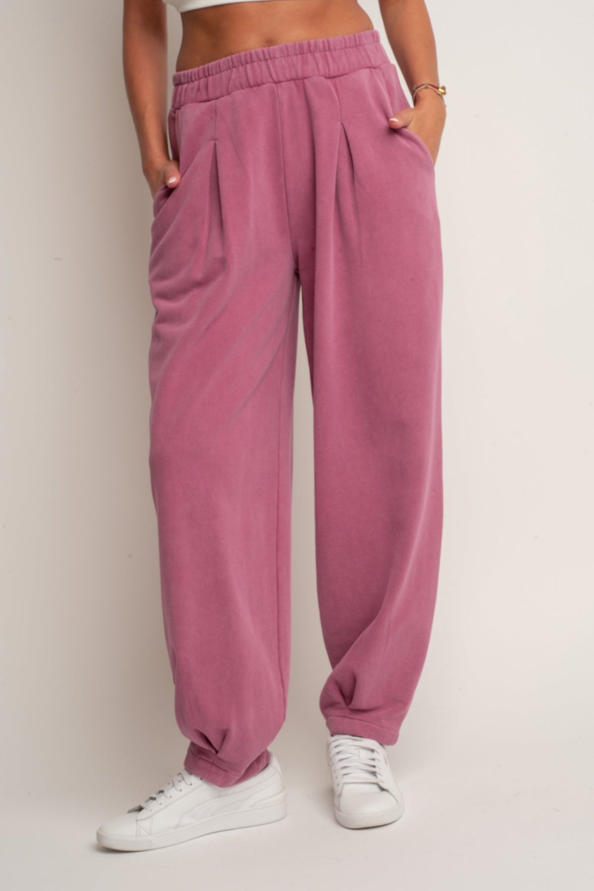 SPODNIE DRESOWE O KROJU BALLOON FIT Z EFEKTEM WASHED RÓŻOWE - RIBE TALL